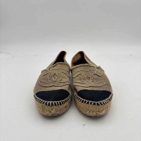 Chanel CC Logo Canvas Black Cap Toe Espadrilles Slip Ons Women's 37 - Picture 2 of 14